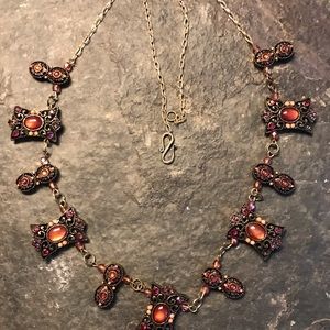 Art Deco Glass and Rhinestone Metal Link Necklace